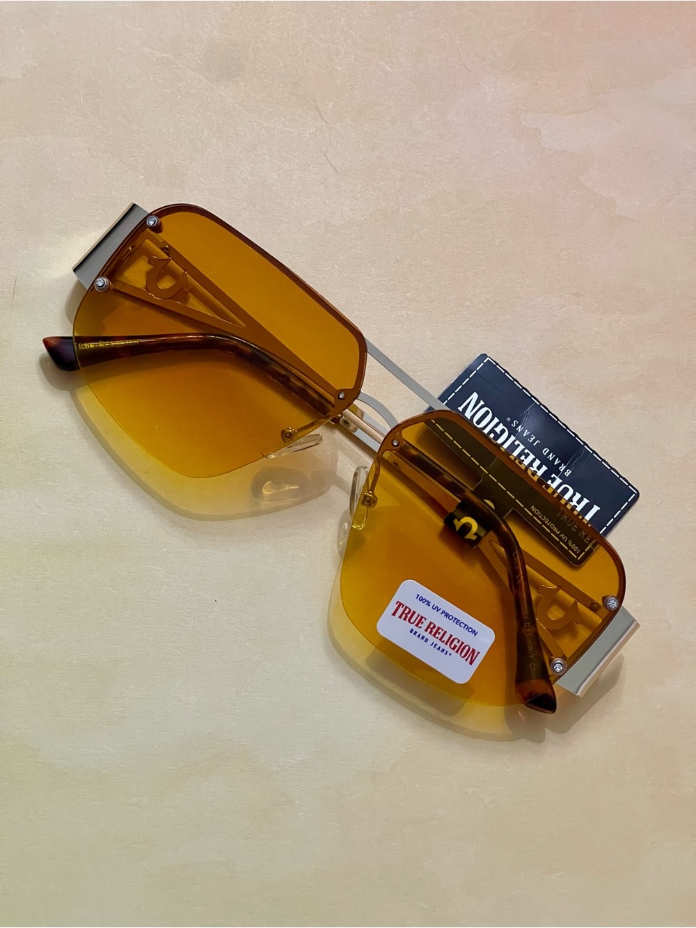 True Religion Amber Gold Logo Aviator Sunglasses